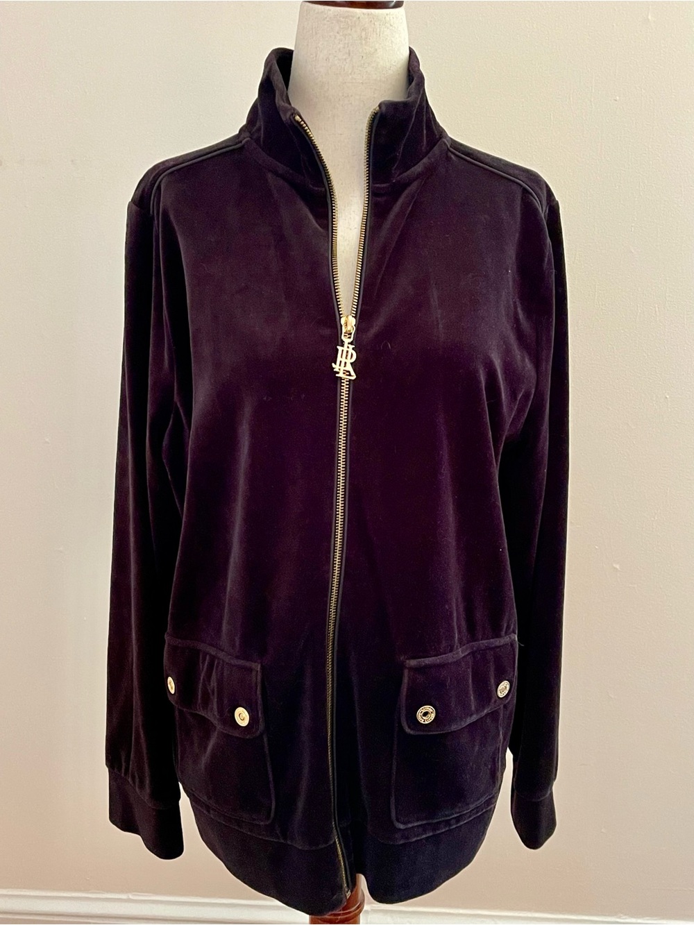 Lauren Ralph Lauren 1X Black Velour Track Jacket Gold LRL Logo Full Zip